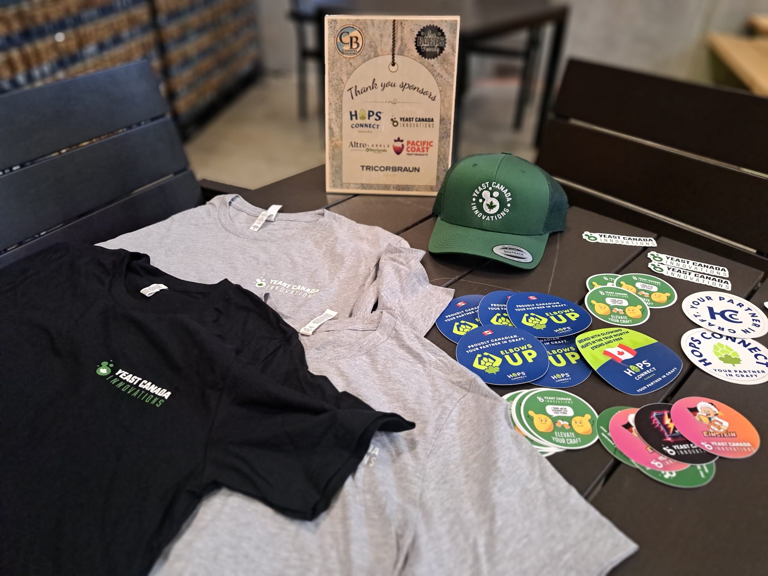 Sponsor swag from Canadian Malting, Hops Connect and more at Cannery Brewing in Penticton, BC
