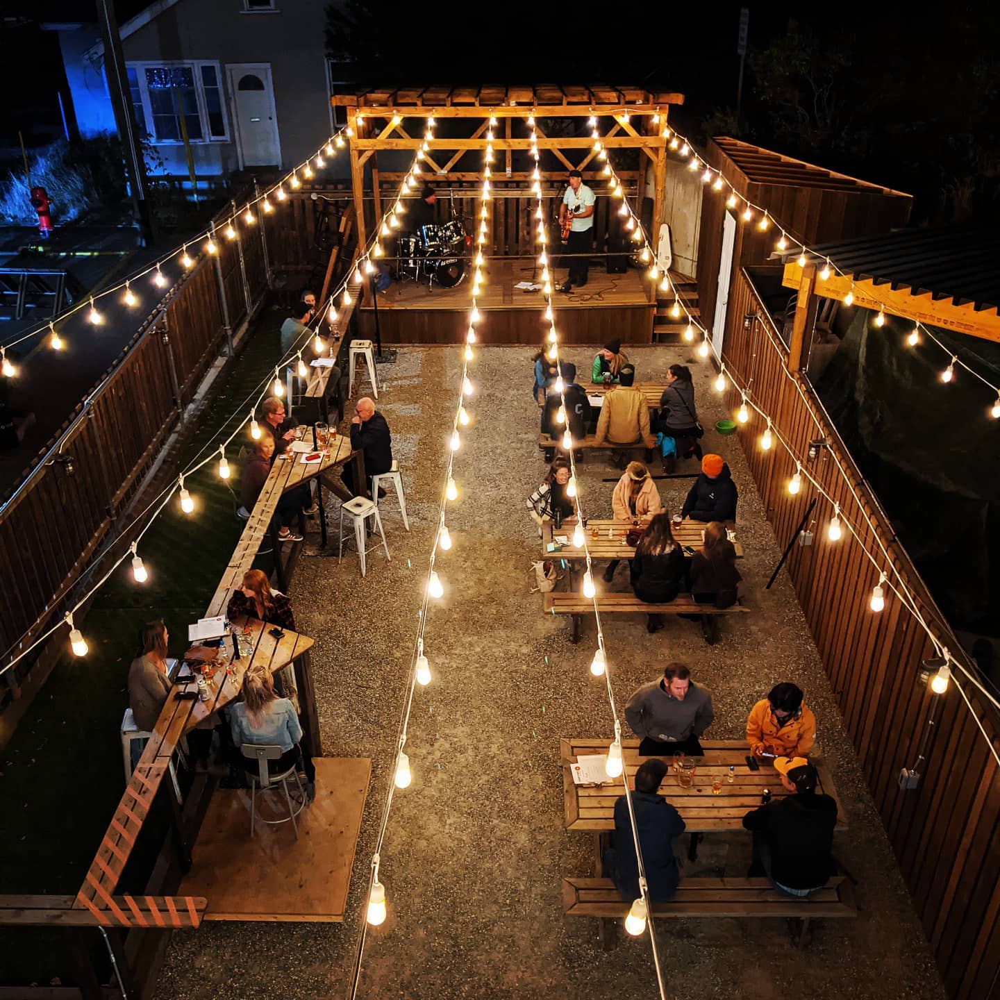 string lights light up the patio at Over Time Beer Works in Kimberley, BC