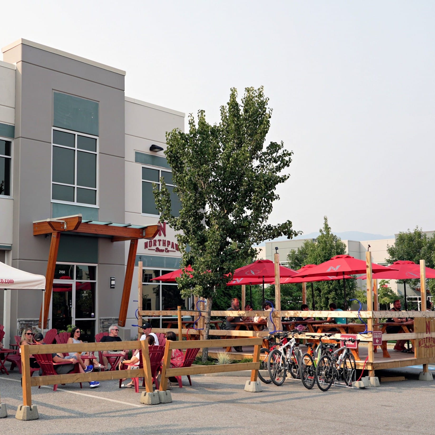 the patio spaces and full bike racks at Northpaw Brew Co in Port Coquitlam, BC