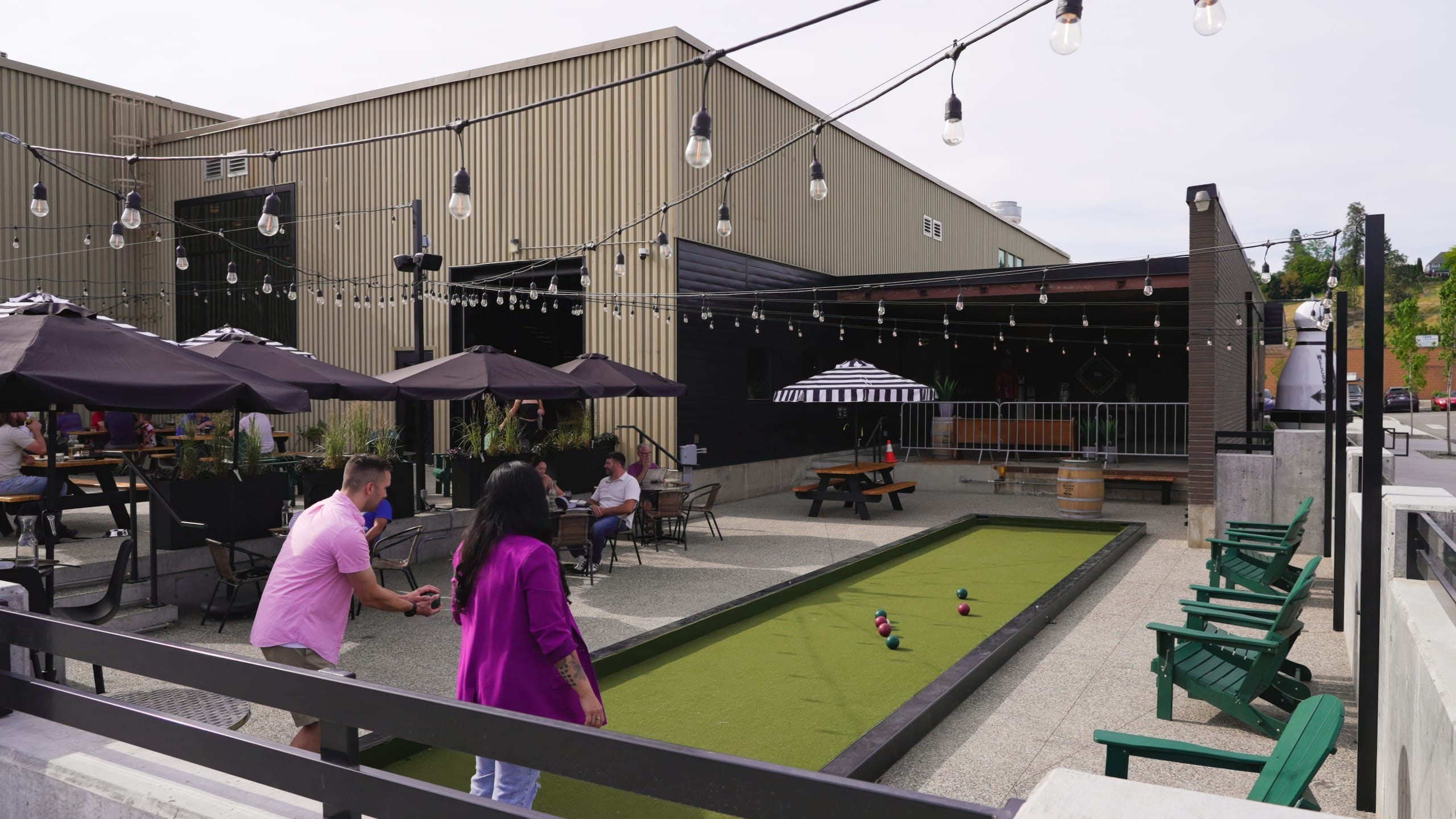 outdoor bocce ball on the patio at BNA Brewing in Vernon, BC