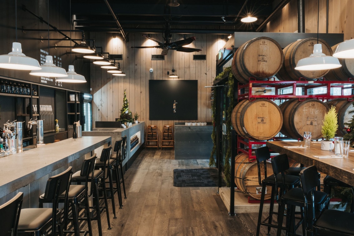 the interior and barrel racks at Trading Post Eatery Abbotsford