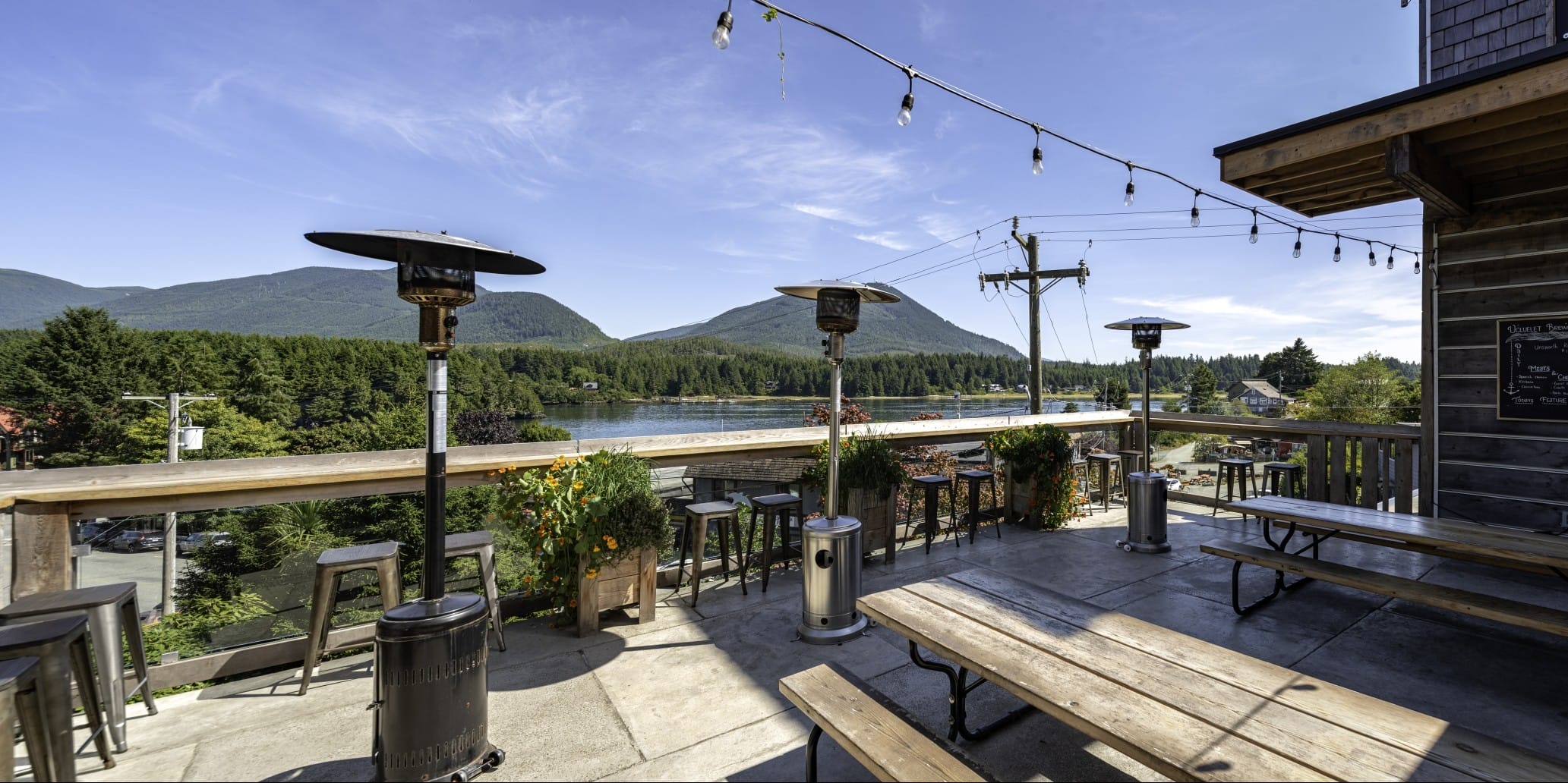 The patio, overlooking the inlet, at Ucluelet Brewing Company in Ucluelet, BC