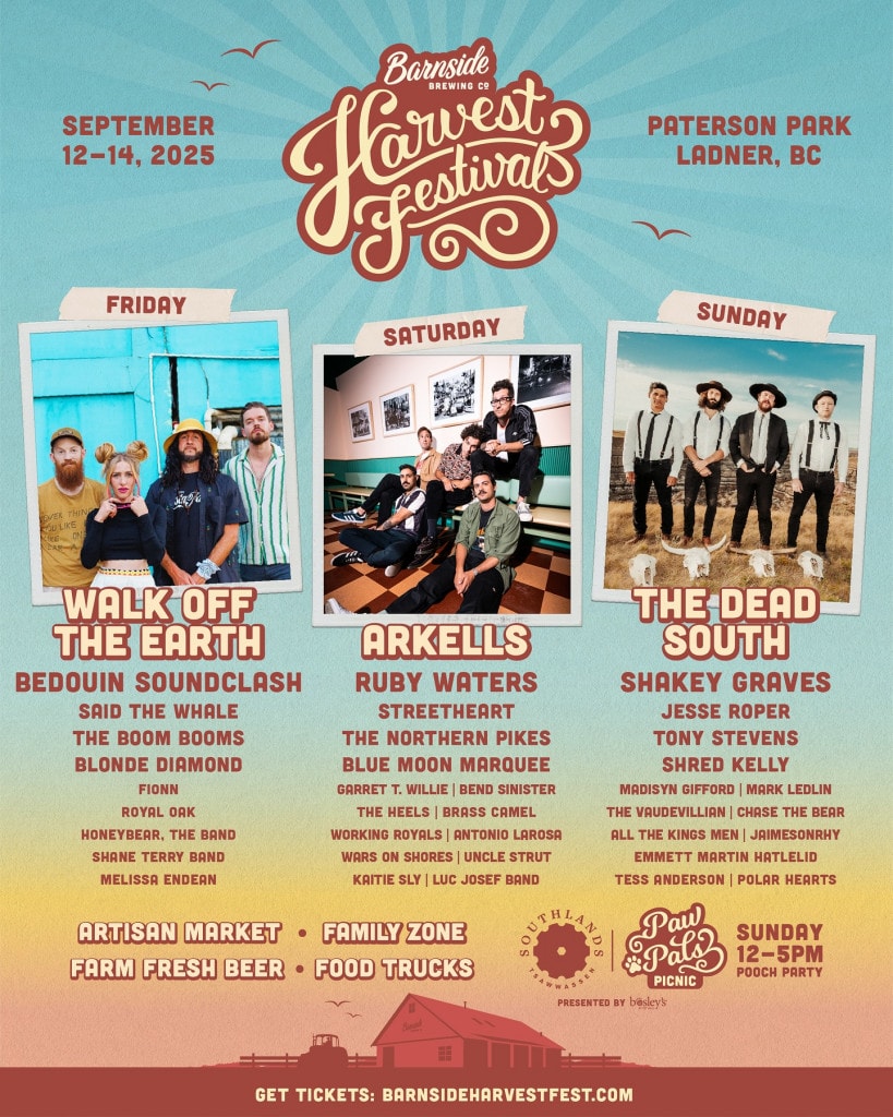 Graphic promoting the Barnside Harvest Festival in 2025, listing musical artists