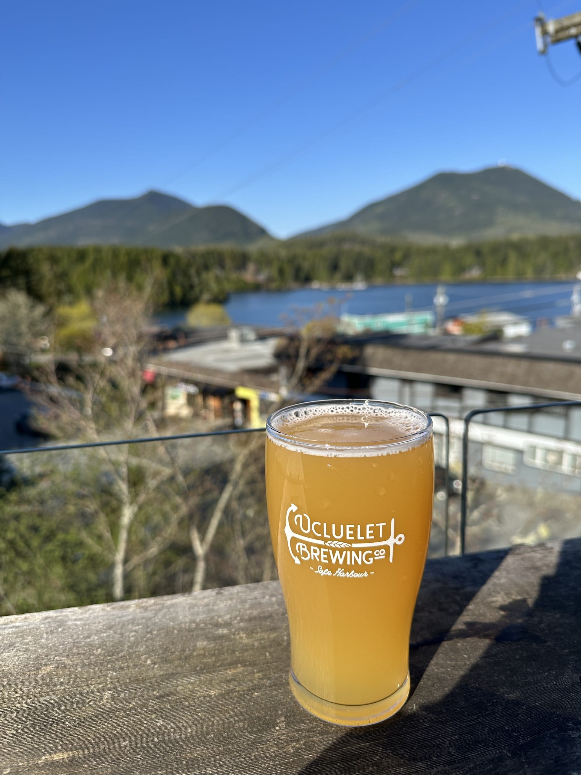 Sunny patio views at Ucluelet Brewing in Ucluelet, BC