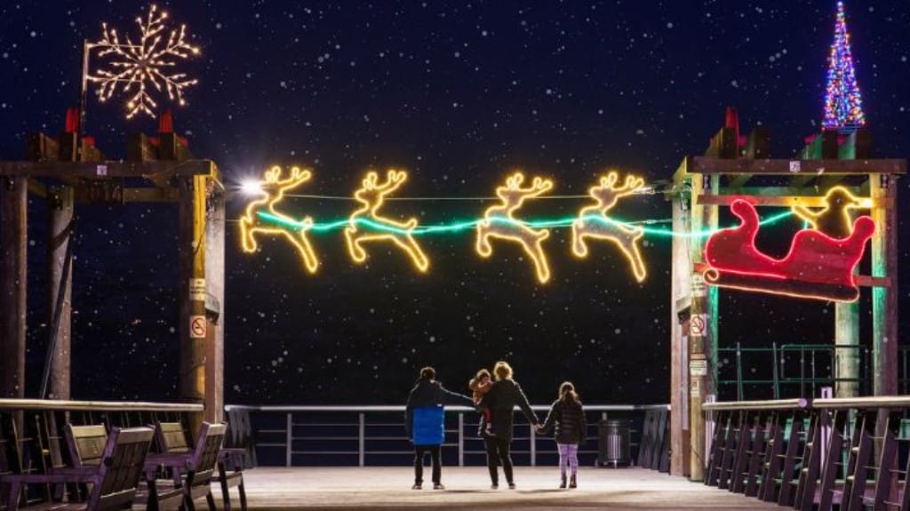 A family enjoys the holiday light displays on the Twinkle Tour in West Kelowna, BC