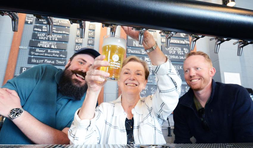 Cannery Brewery [sic] founder Patt Dyck (center) at the controls with co-owners, son Ian (left) and Ross Thompson at their Ellis Street venue in celebration of the brewery's 25th anniversary (photo: Mark Brett/Local Journalism Initiative)